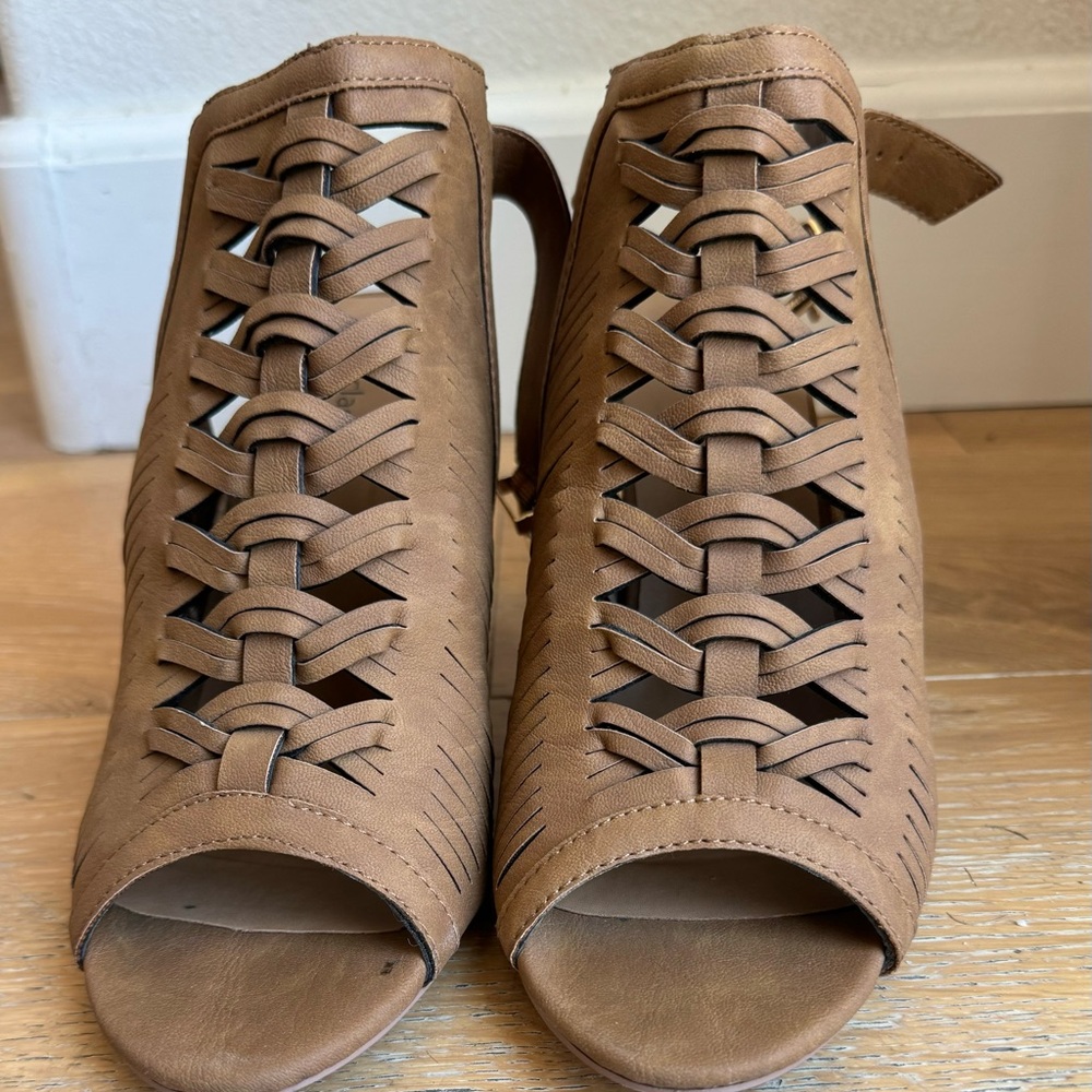 Worn once weaved tan 3.5 inch wedges. women's size 8.5